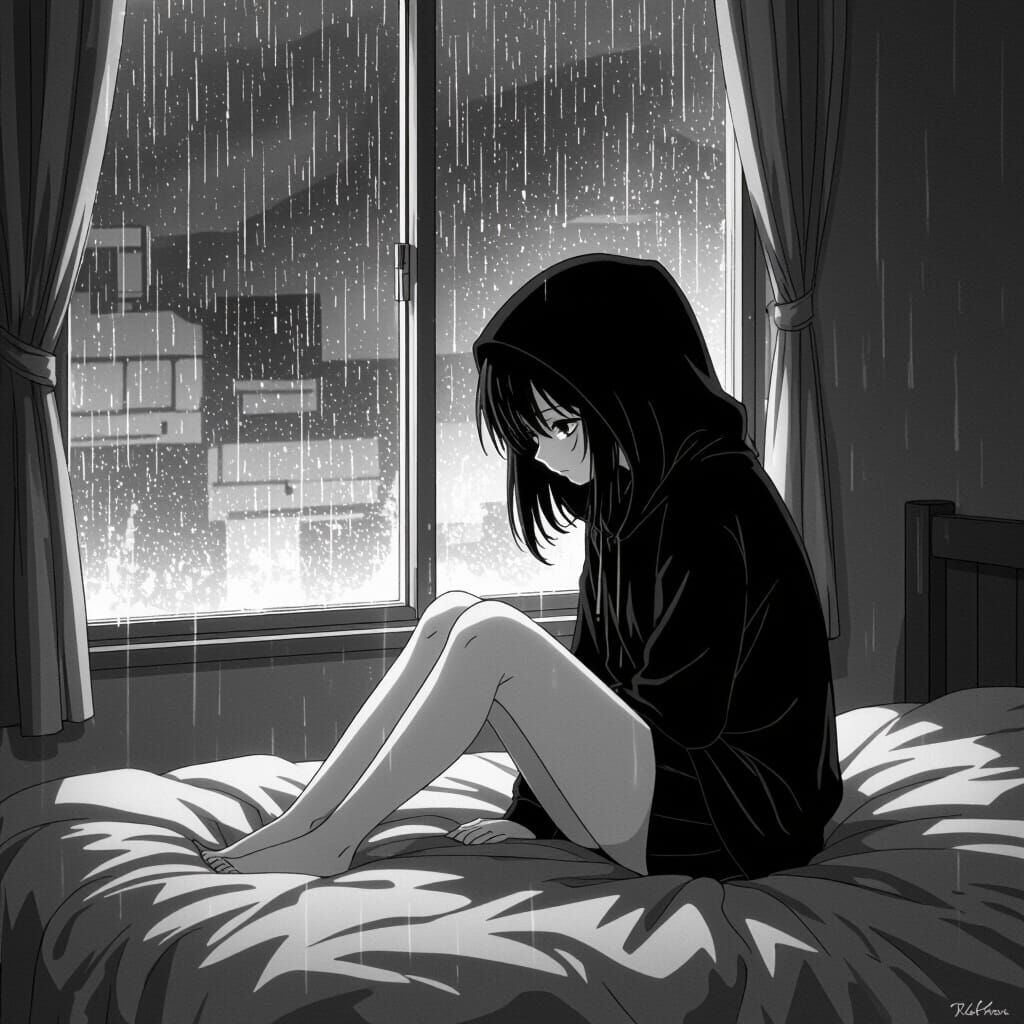 Anime Girl in Black Hoodie on Bed