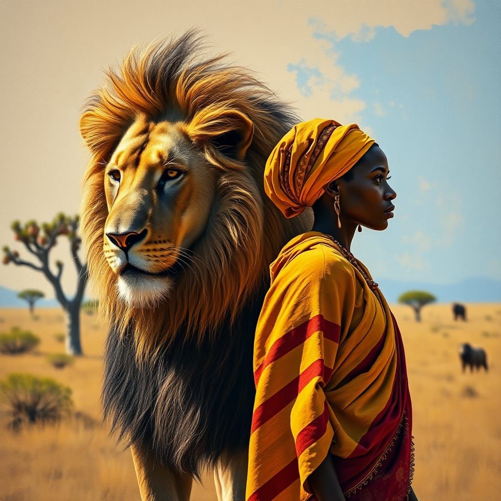 Lion and African Woman in Abstract Expressionist Style
