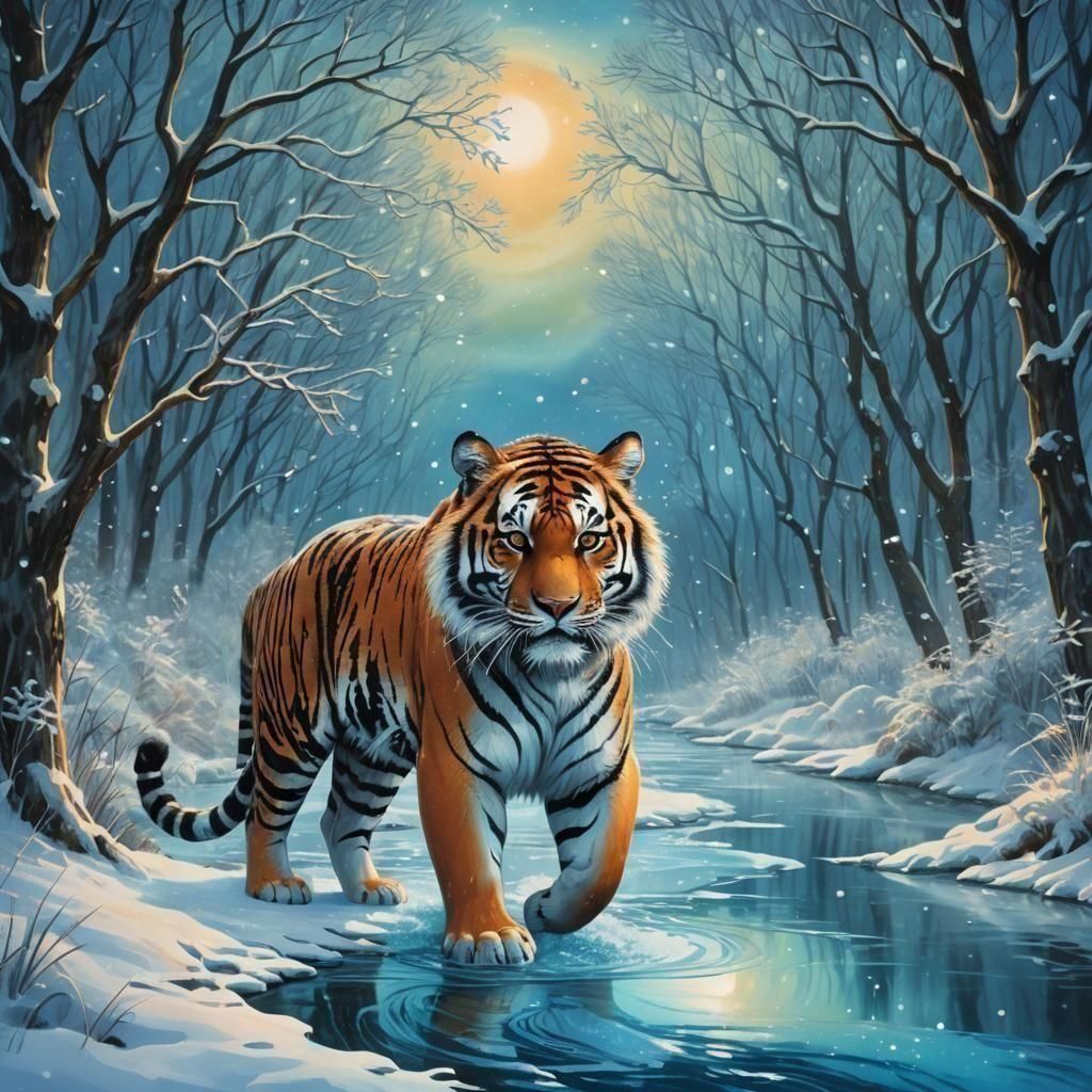 Tiger in Snowy Forest: Holographic Astral Illustration