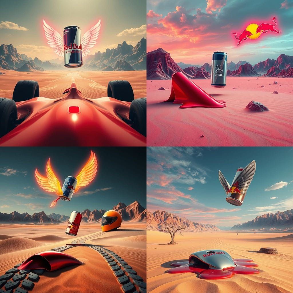 Surreal Desert Landscape with Melting F1 Elements