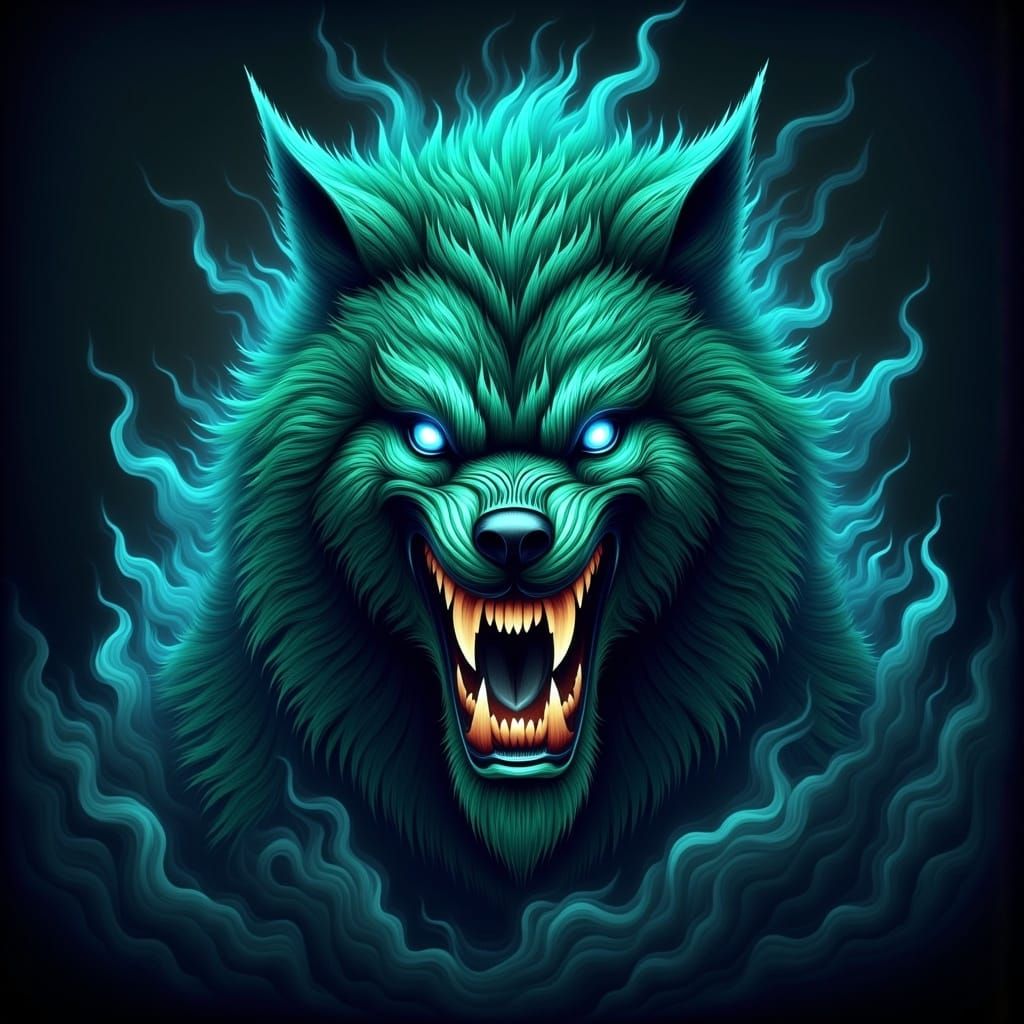 Grinning Werewolf Portrait with Azure Smoke, Fantasy Illustr...