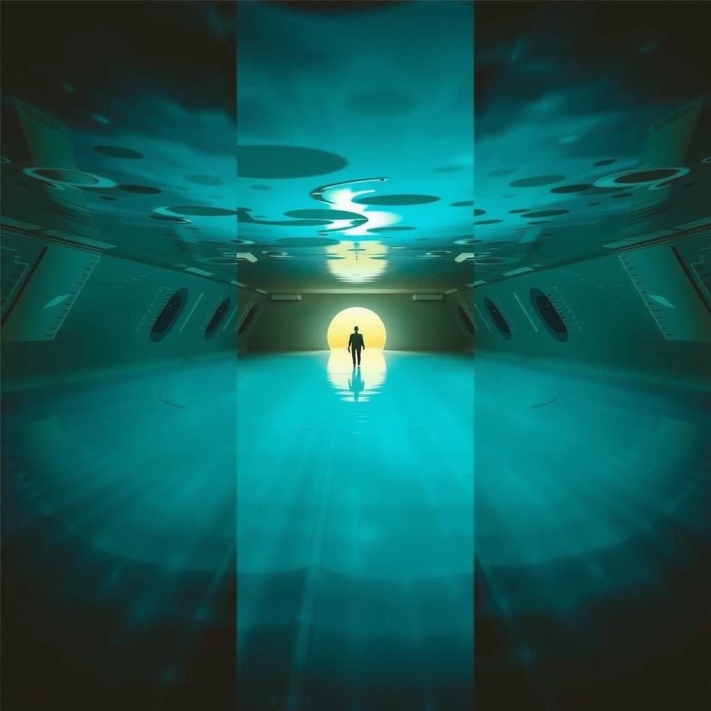 Retrofuturistic Explorer in Deep Pool: Bauhaus Triptych