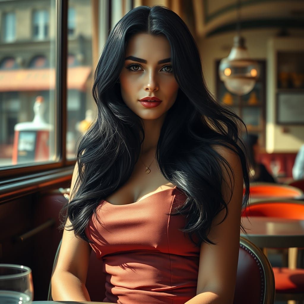 Elegant Woman in London Cafe: Hyperrealistic Glamour