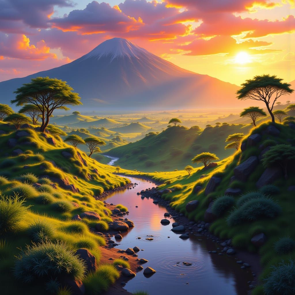 Vibrant African Landscape at Sunset in Fantasy Style