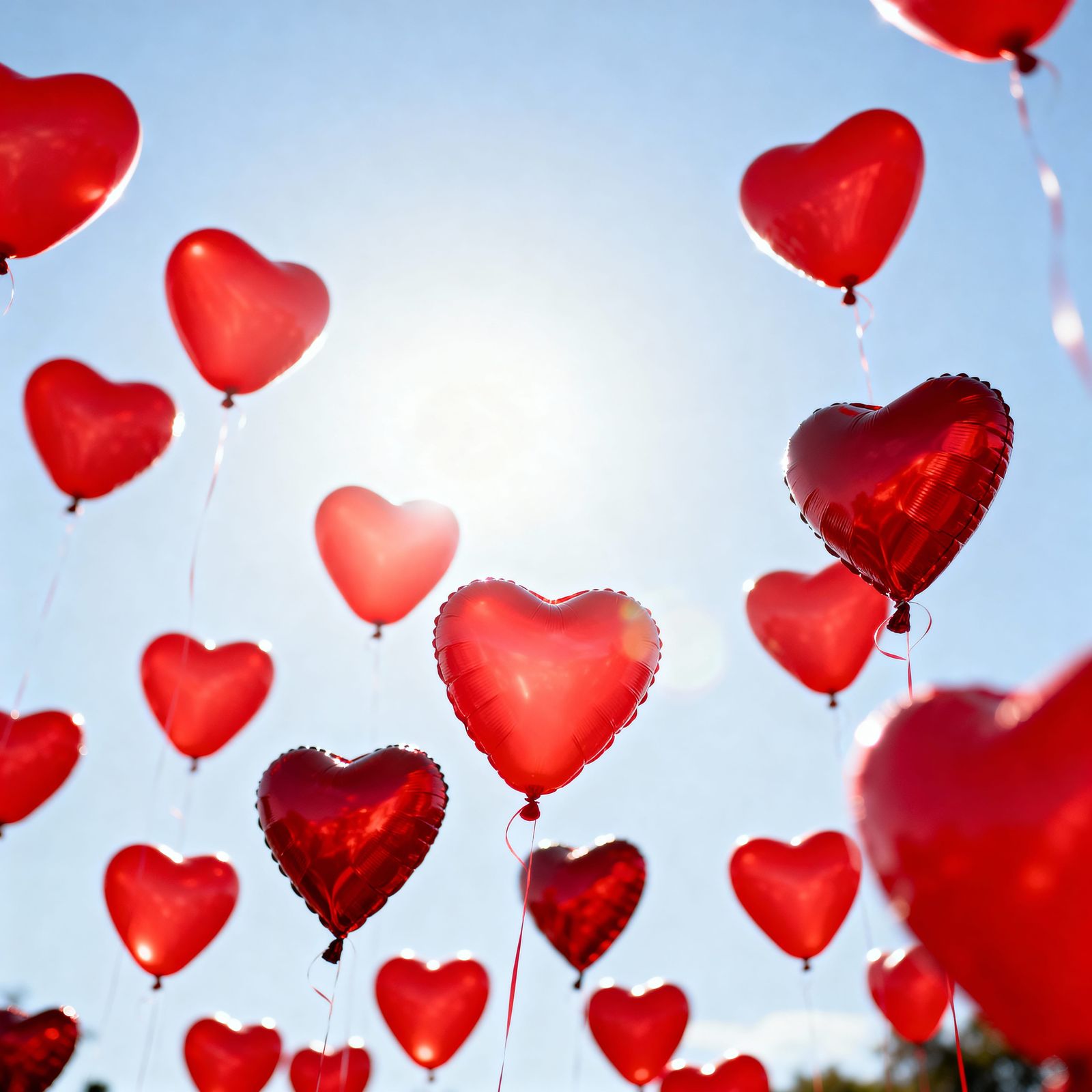 Vibrant Red Heart Balloons Floating in Sunny Sky