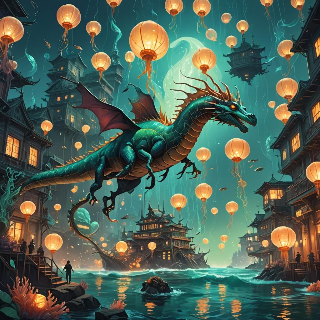 Majestic Sea Dragon in Fantasy Underwater City