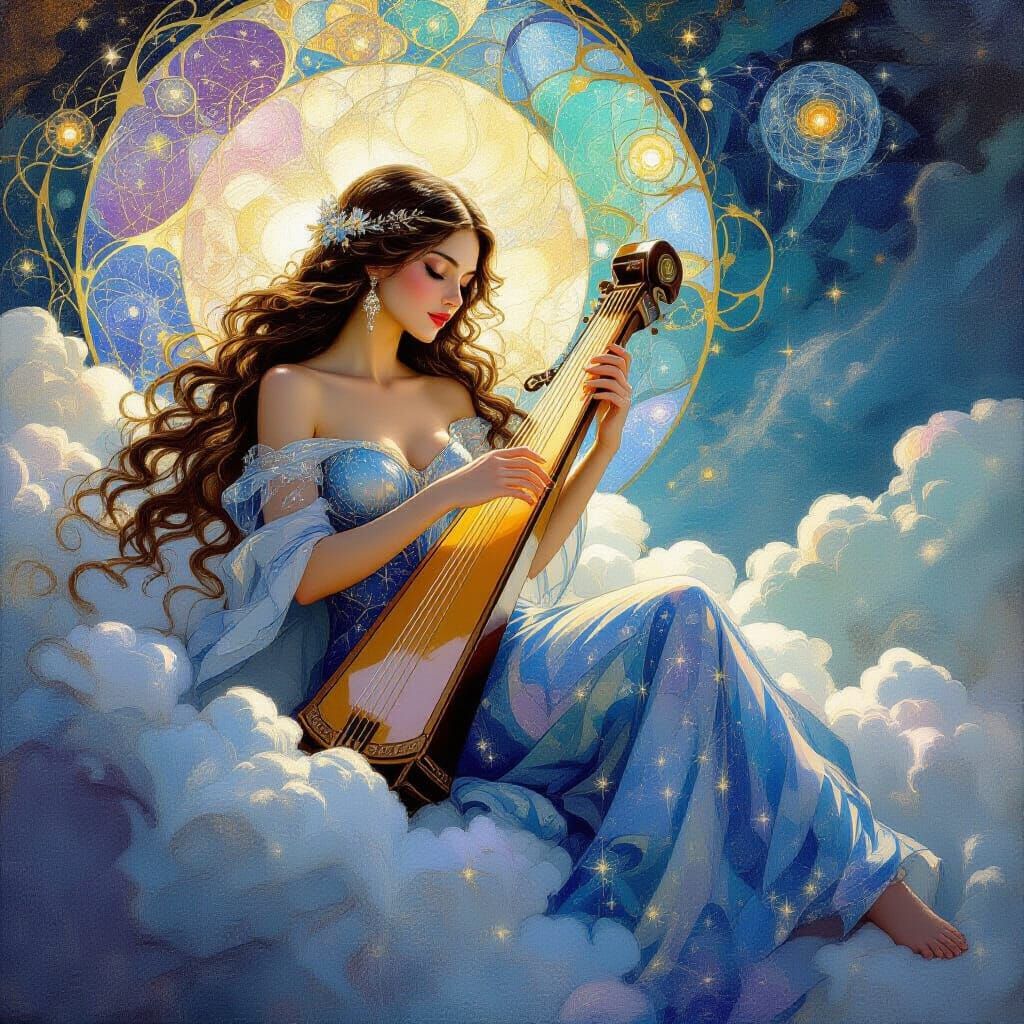 Goddess with Starlight Hair Playing Celestial Harp