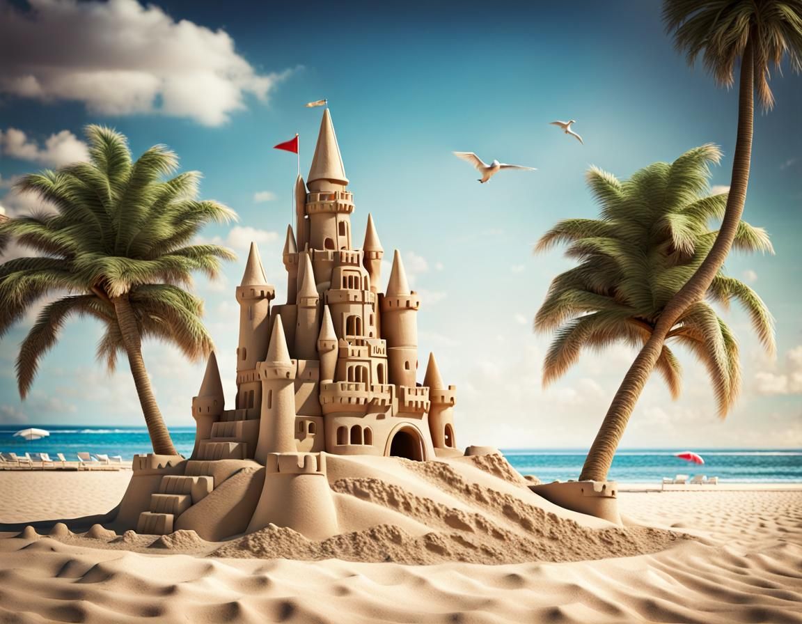 Hyperrealistic Sandcastle on a Sunny Beach in HDR