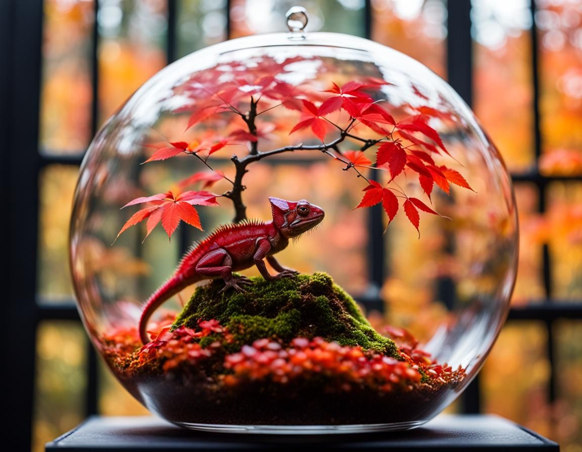 Chameleon and Bonsai in Autumn Terrarium