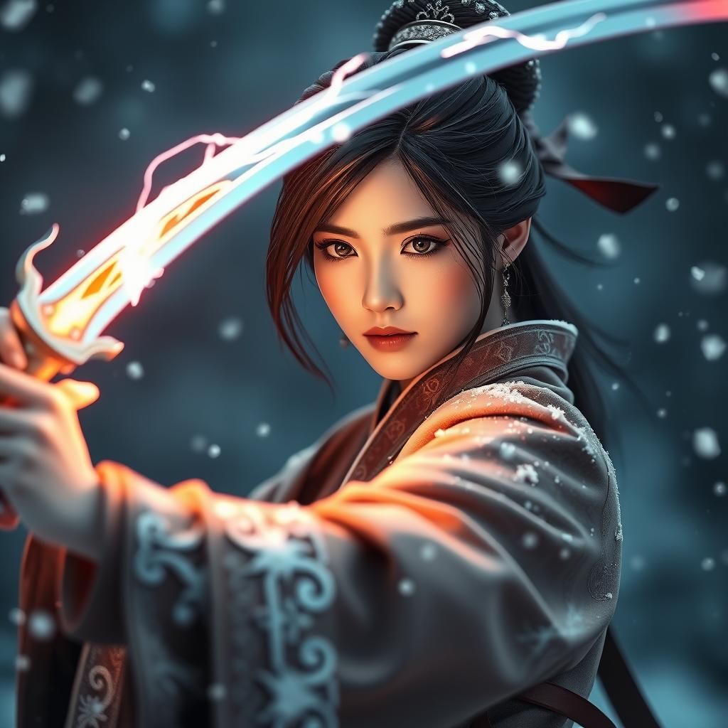 Chinese Woman with Glowing Sword in Motion