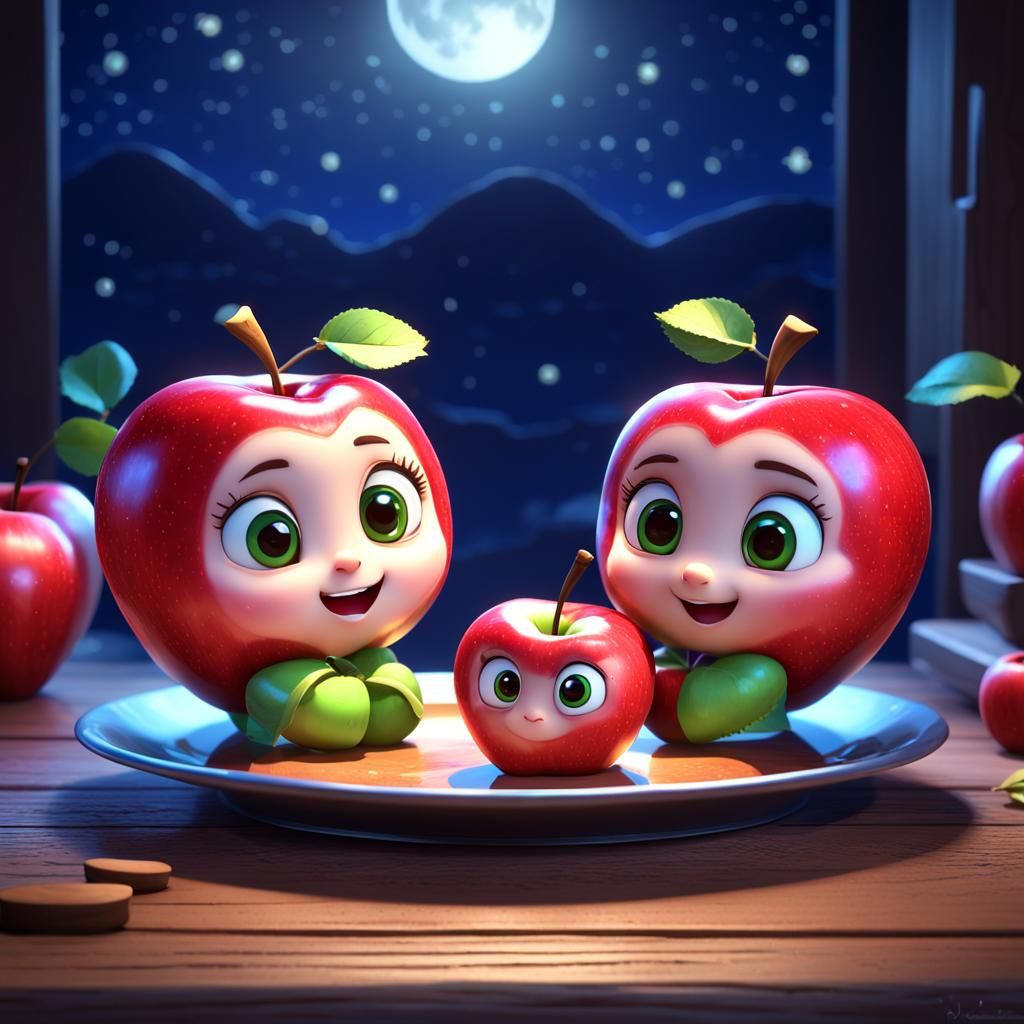Cute Chibi Apples in Love, 3D Digital Art