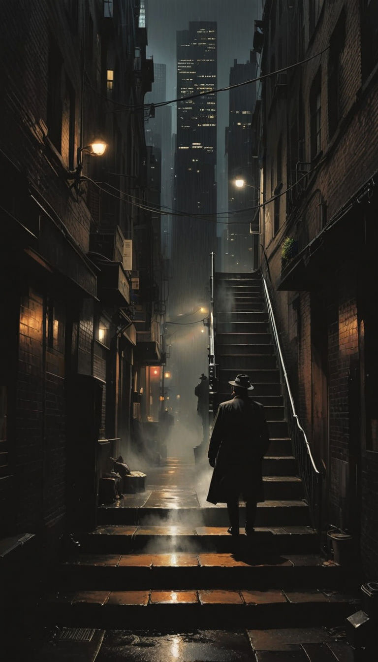 Mysterious Nighttime Cityscape Unveiled in Dark Noir Paintin...