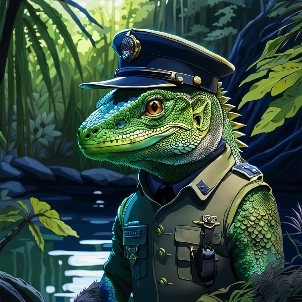 Iguana Policeman in Tranquil Lake Anime Landscape