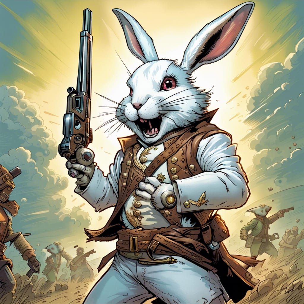 Rabbit-Folk Warrior Laughs on Battlefield in Comic Book Art