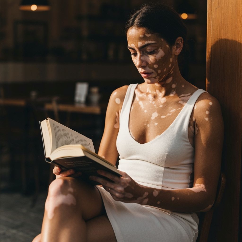 Italian Woman with Vitiligo Reading in Cafe