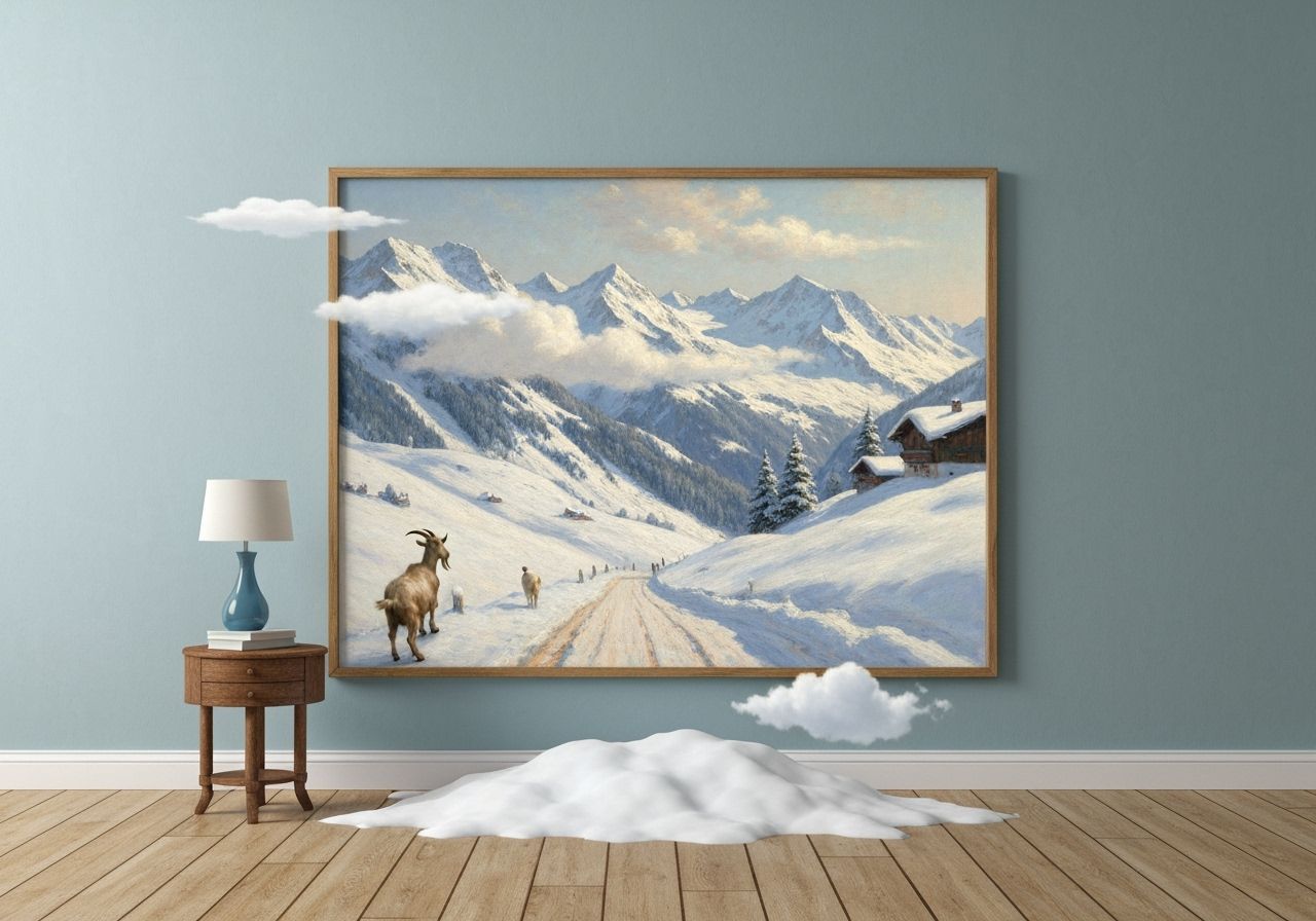 Alpine Landscape Painting Escapes Frame in Surreal Style