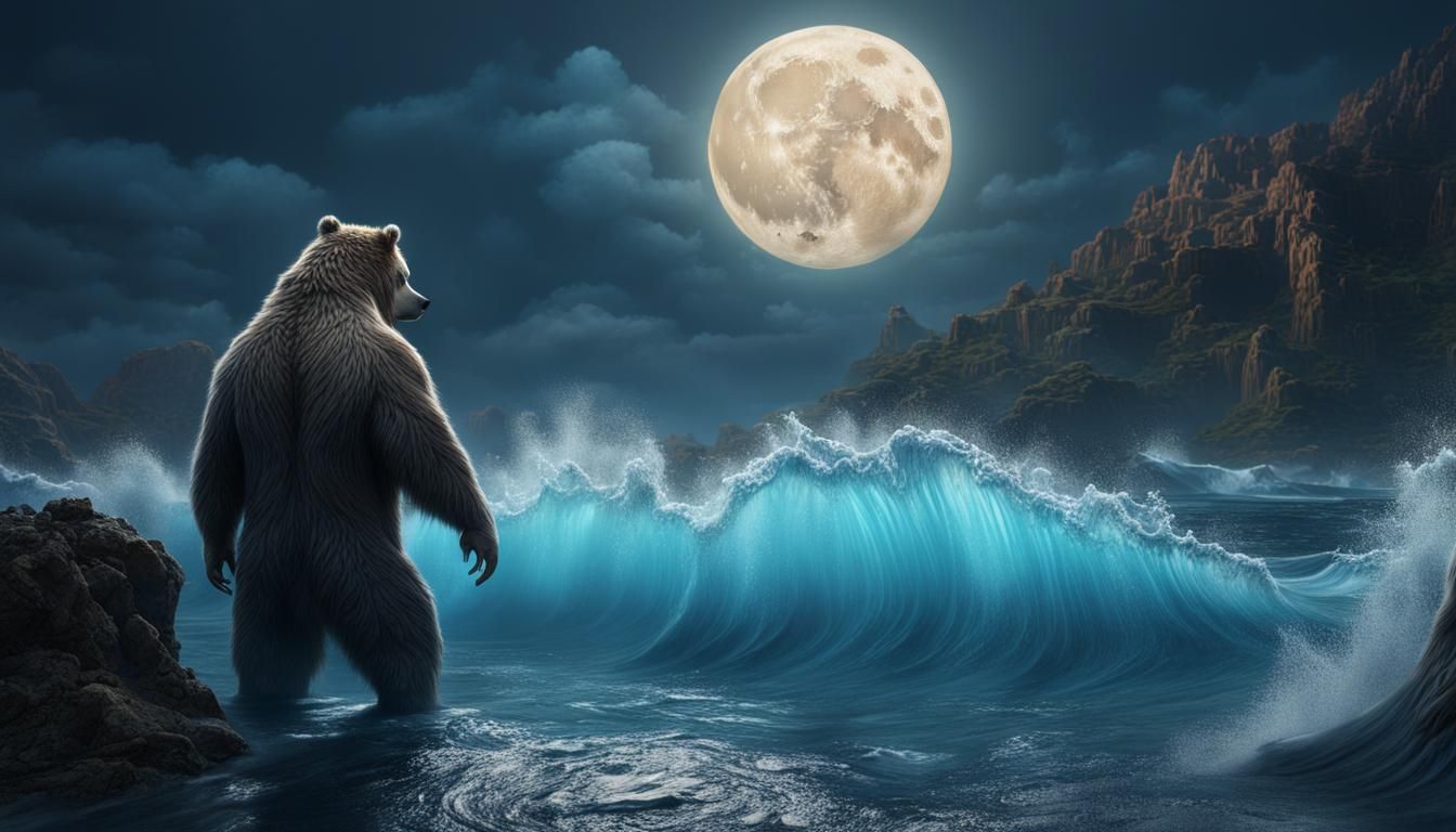 Magical Man-Bear Emerges from Ocean in Matte Painting