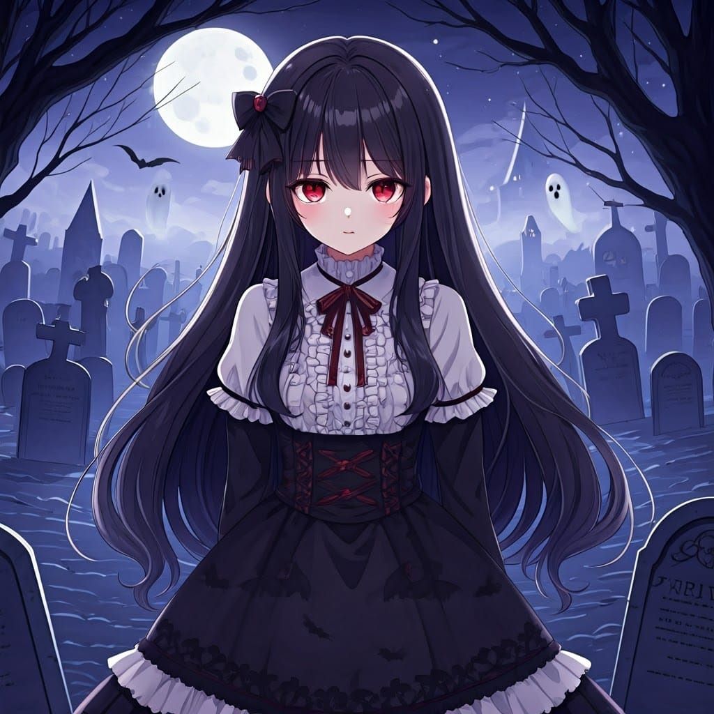 Gothic Magical Girl in Moonlit Graveyard