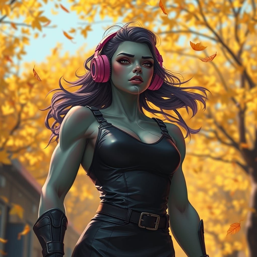 Orc Girl in Autumn Street: Futuristic Character Design