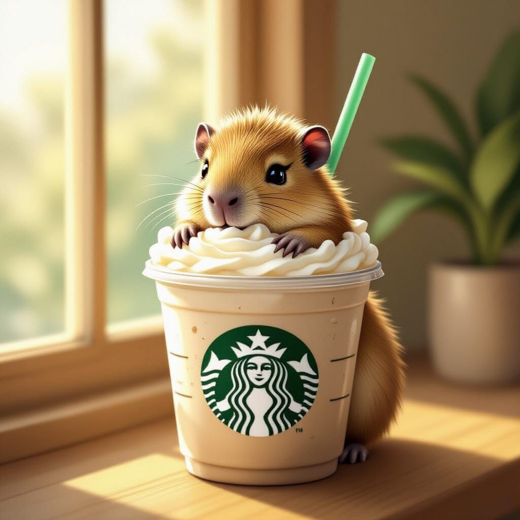 Adorable Baby Capybara in Starbucks Frappuccino