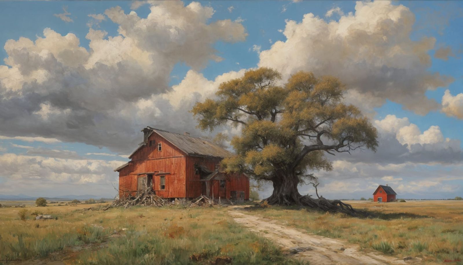 New England Farmhouse and Barn in Early Spring Oil Painting