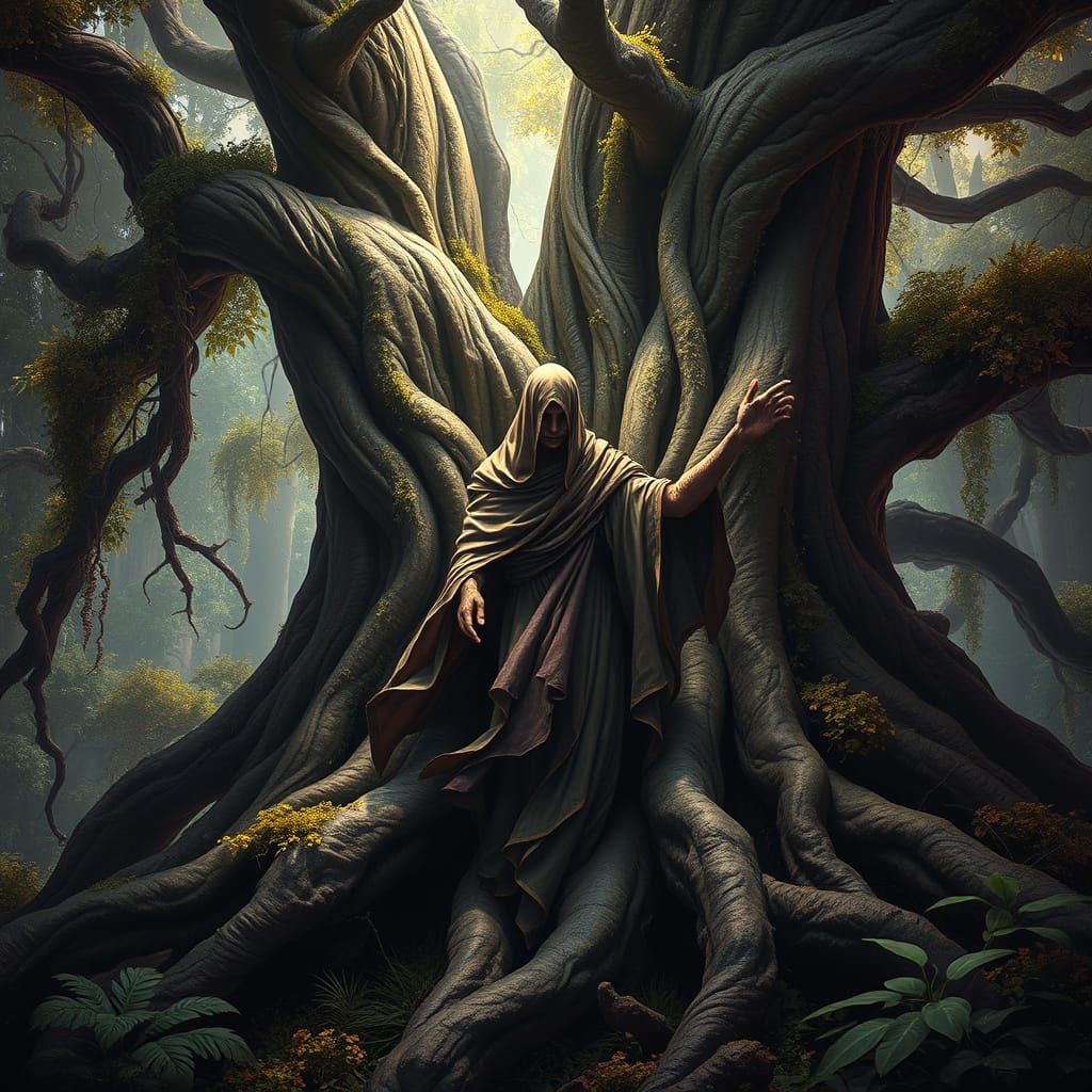 a mystical humanoid figure entwined within the roots of a majestic tree. This captivating blend of nature artistry highl...