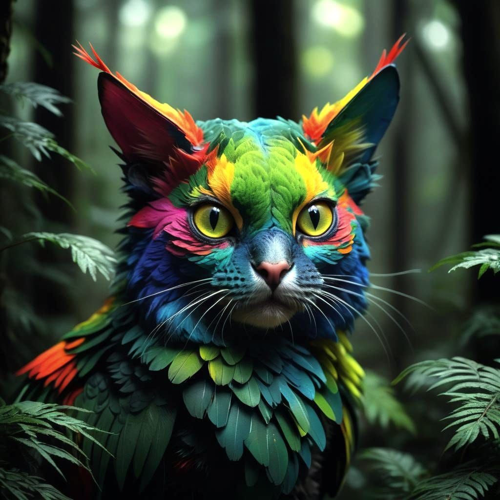Vivid Parrot-Cat Hybrid in Dark Forest