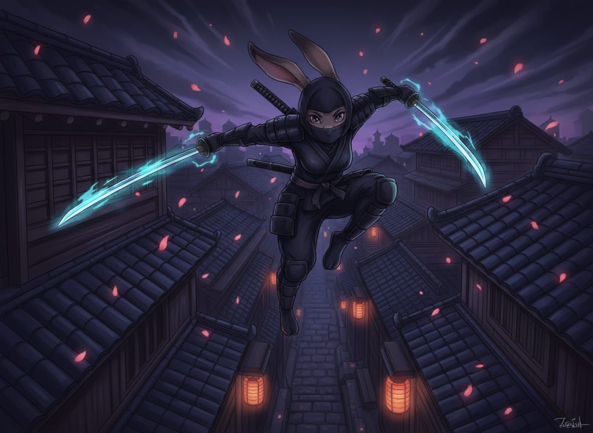 Rabbit Kunoichi Leaping Rooftops in Edo Japan