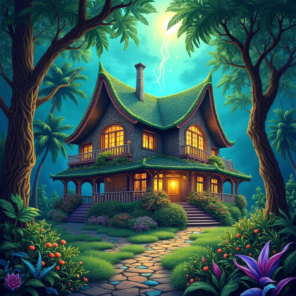 Iridescent House in Emerald Rainforest: Cosmic Illustration