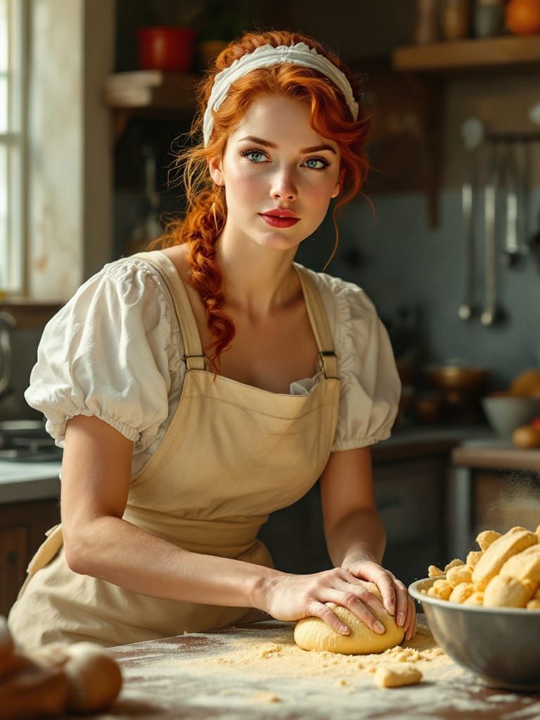 Redhead Baker in Bustling Kitchen, 1960s Style