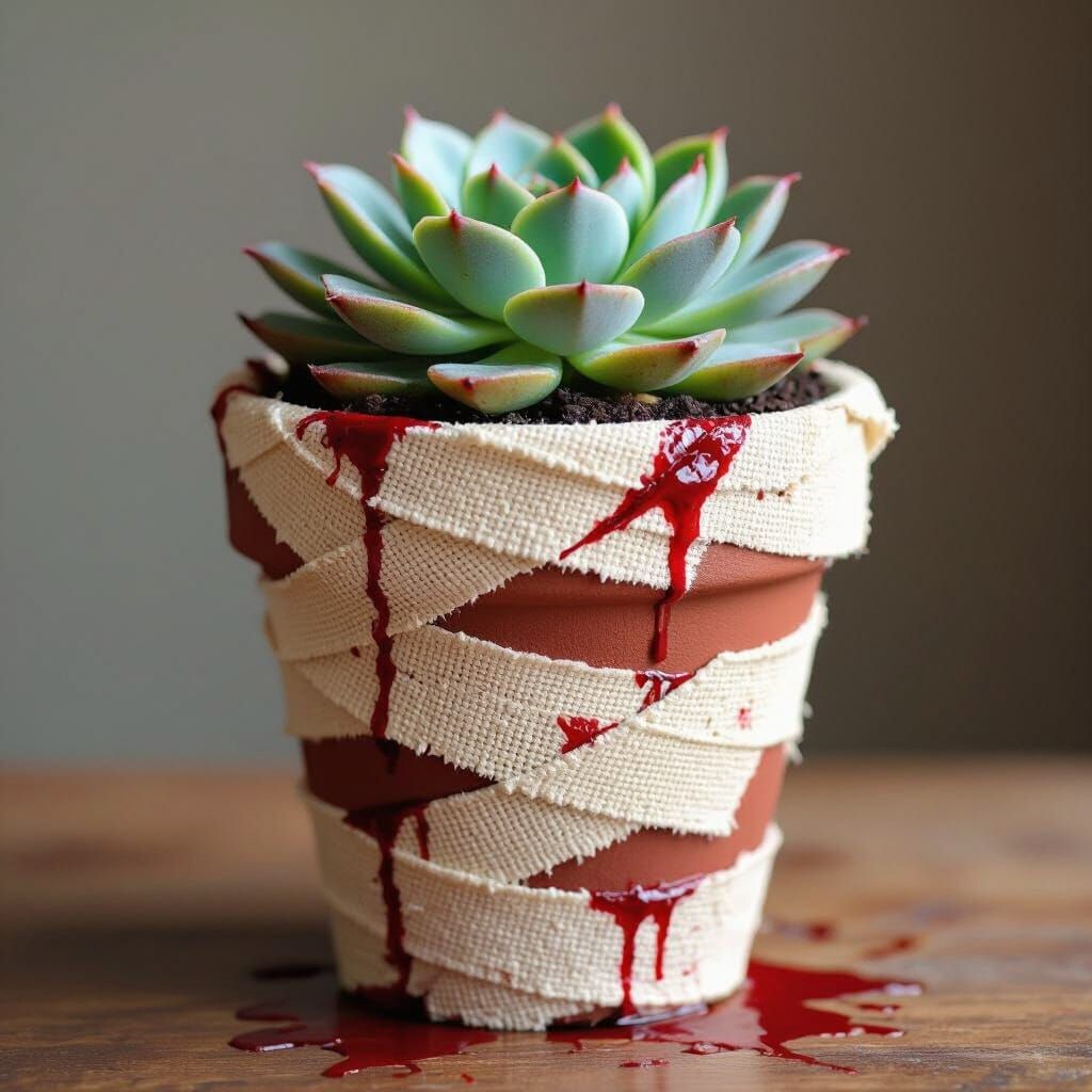 Succulent Plant in Pot Wrapped in Bloody Bandages