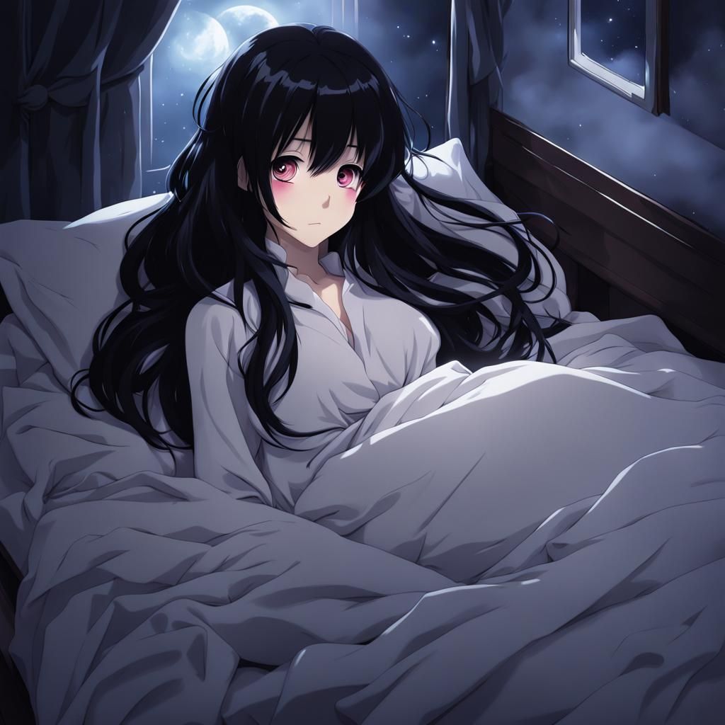 Anime Girl with Ghost in Night