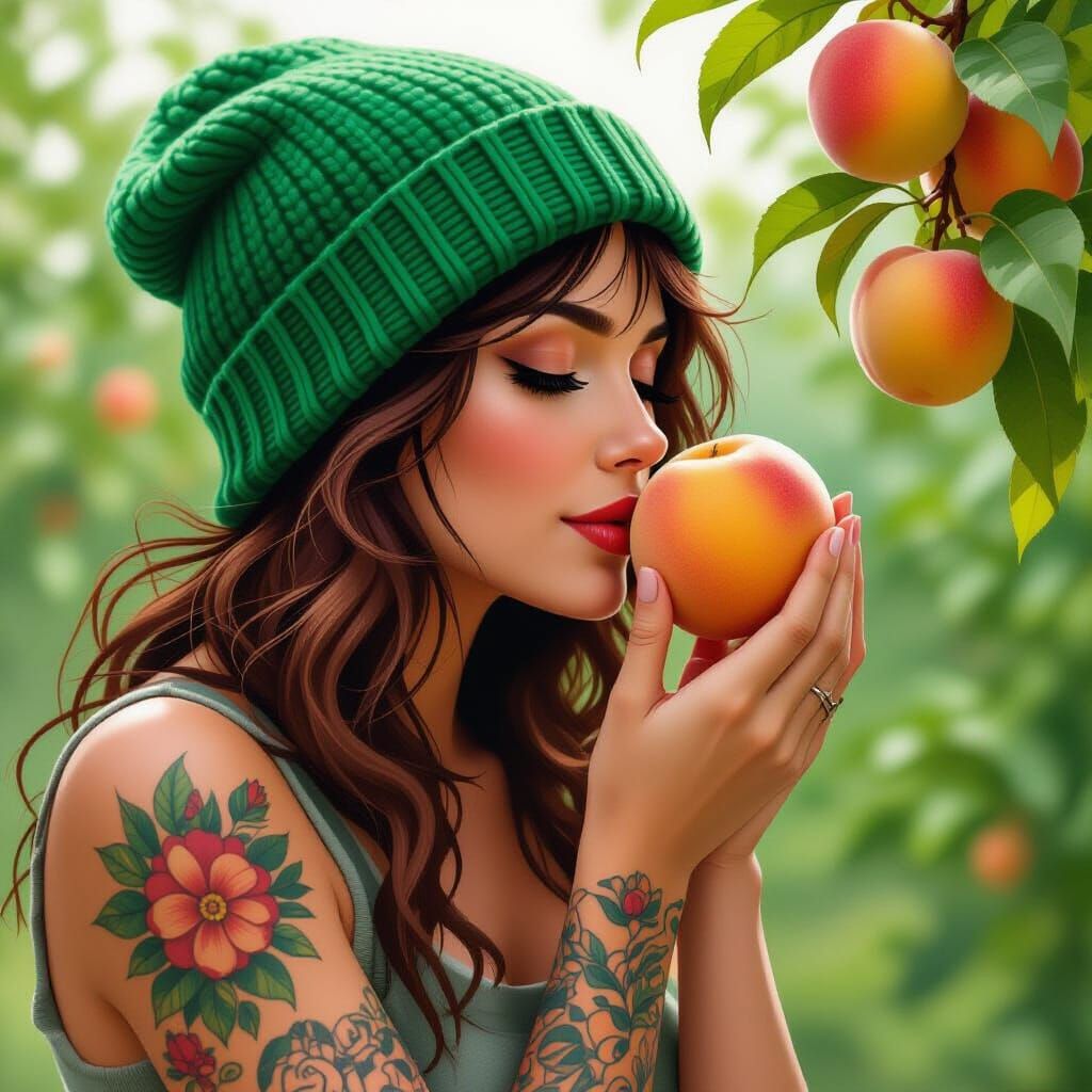 Woman With Tattoos Smells Peach in Green Cap