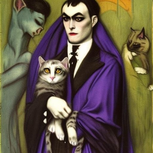 Vampire Lord with Oriental Kitties in Pre-Raphaelite Style