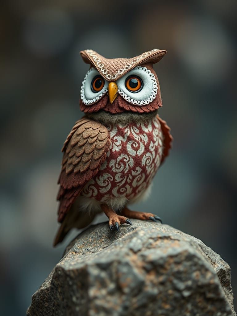 Surreal Fabric Owl Perched on Boulder in Bokeh Background