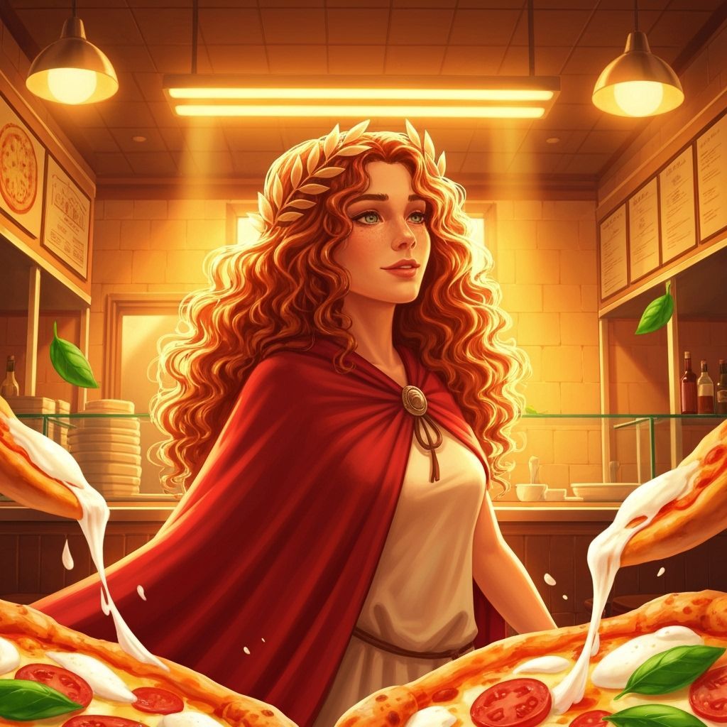 Pizza Goddess in a Whimsical Digital Art Style