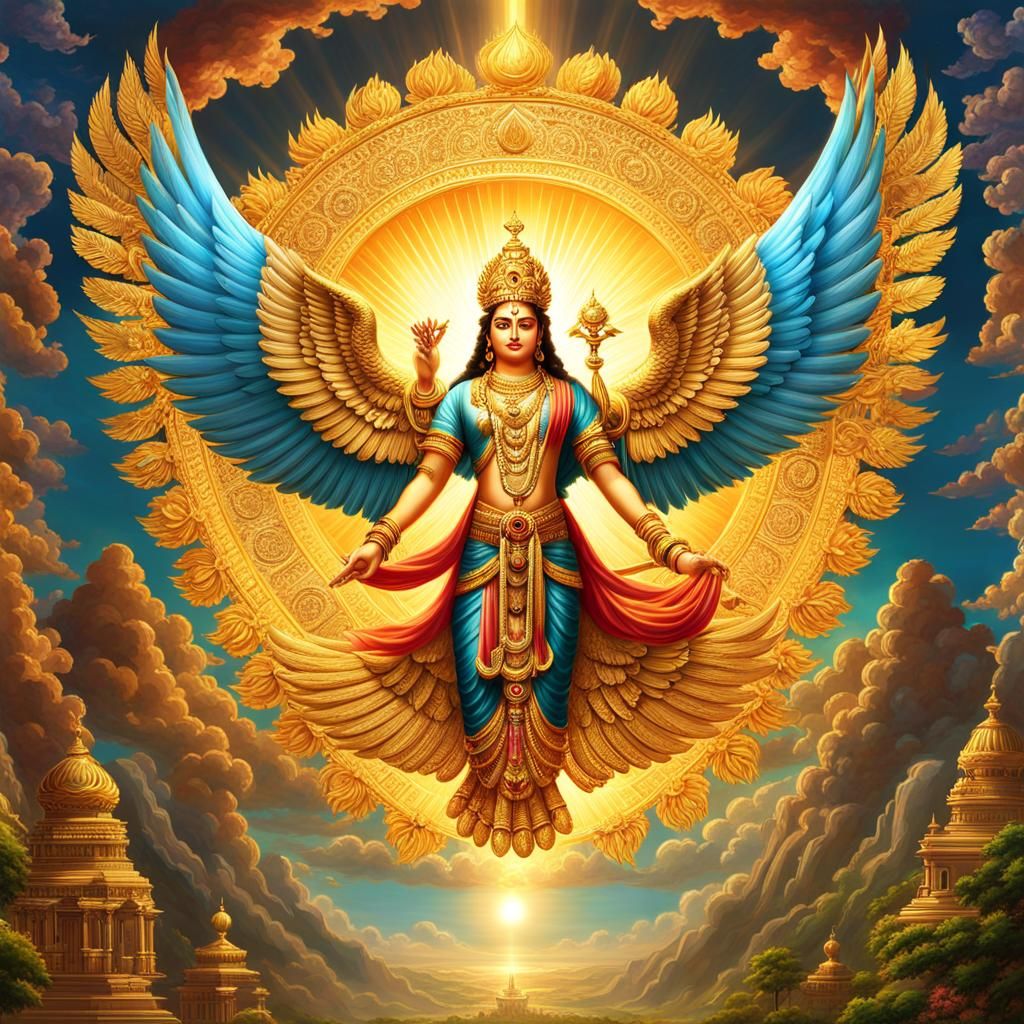 God Vishnu travelling on Garuda a "mix of eagle and human features" golden wings, divine eagle-like sun bird and the kin...