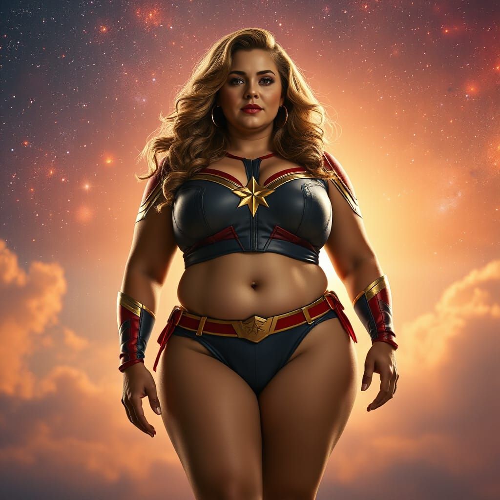 Chubby Woman in Bikini in Cosmic Sky