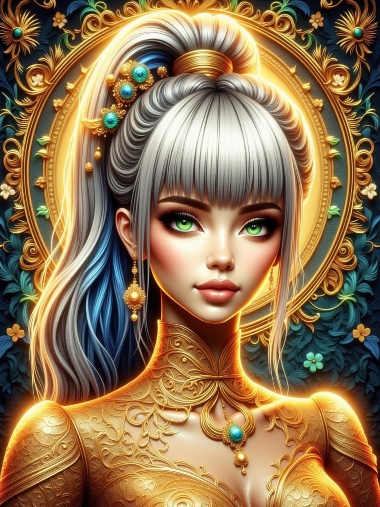 Glowing Goddess with Blunt Bangs in Vibrant Gold Lace