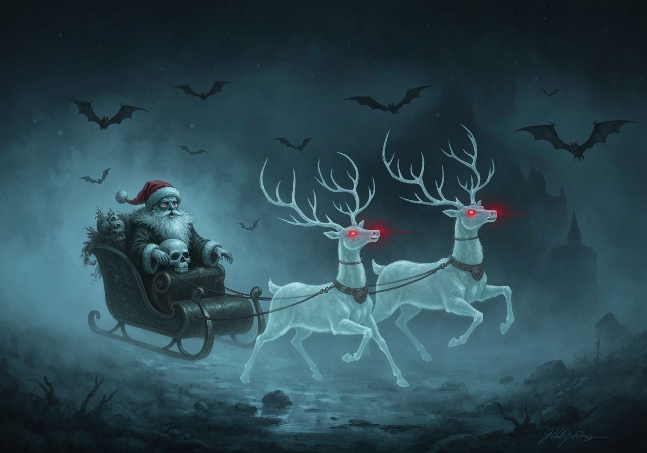 Eerie Ghostly Santa with Skull in Misty Night