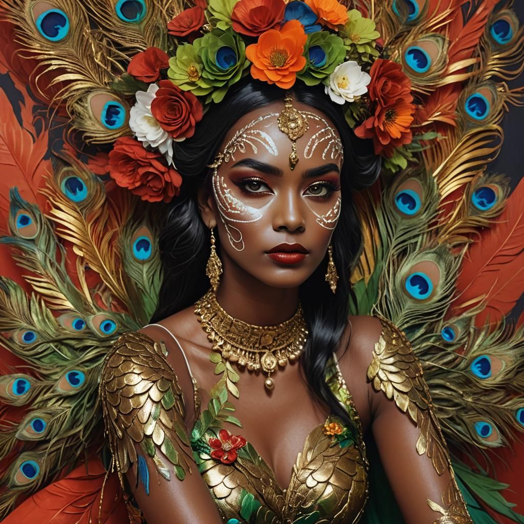 Fantasy Women with Gold Skin and Peacock Feathers