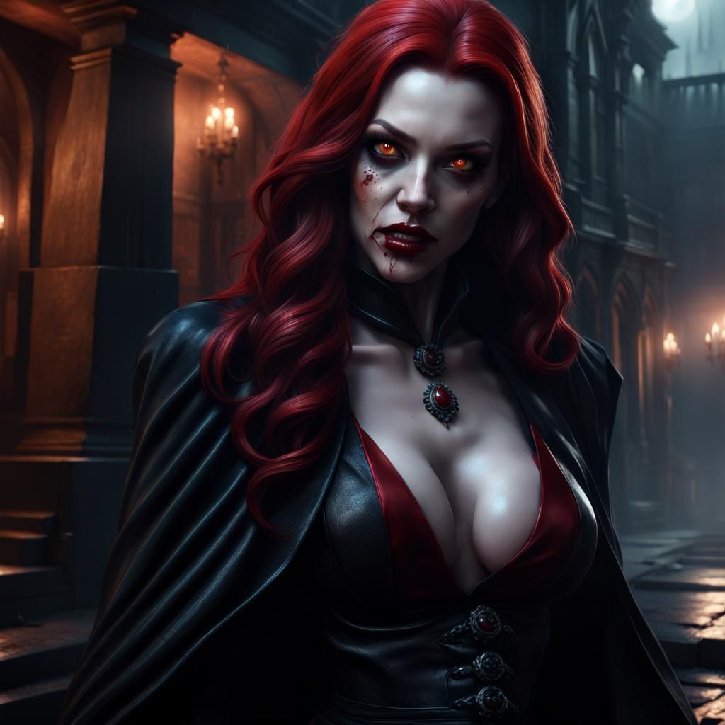 Vampire Woman with Red Hair in Detailed Digital Art