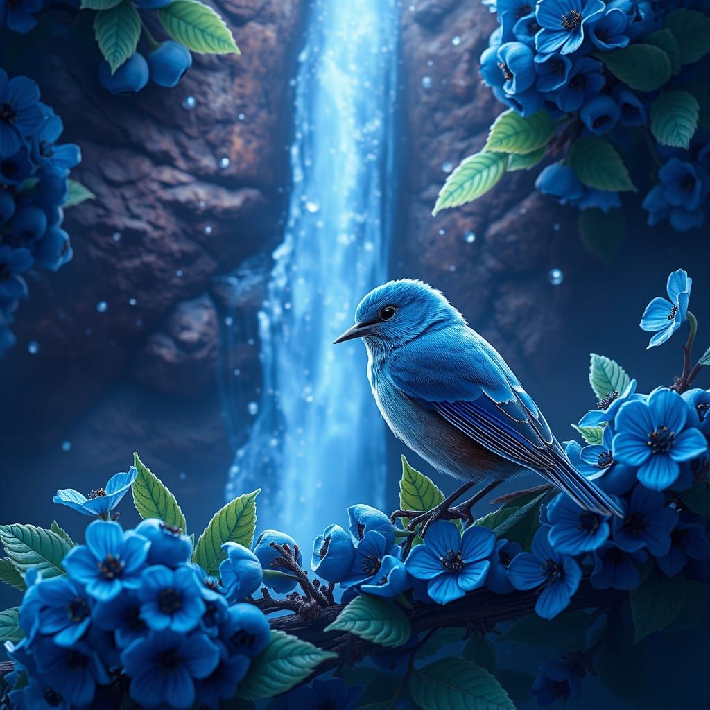 Blue Bird by Waterfall: Fantasy Concept Art