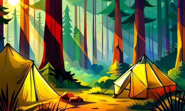 Origami Campsite in Redwood Forest, Color Ink Drawing