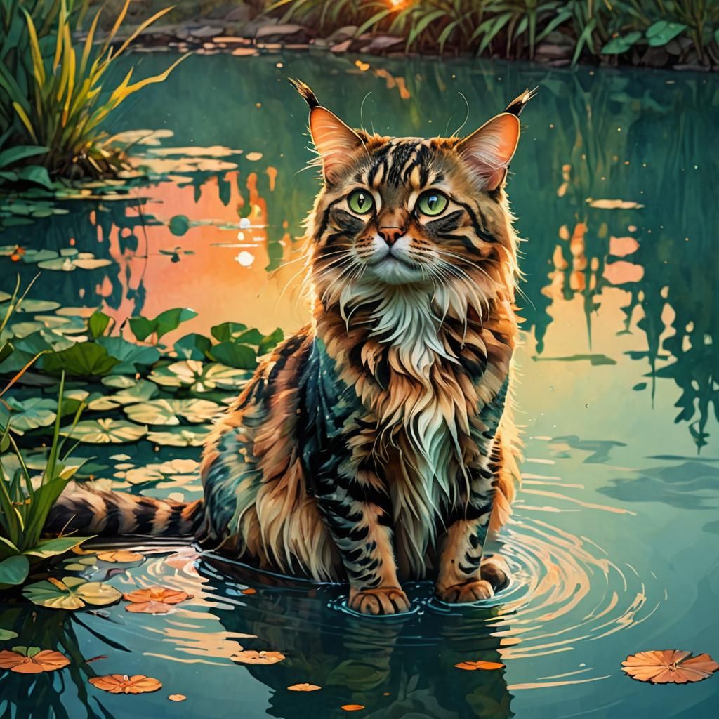 Fluffy Bengal Cat by Pond: Watercolor Illustration