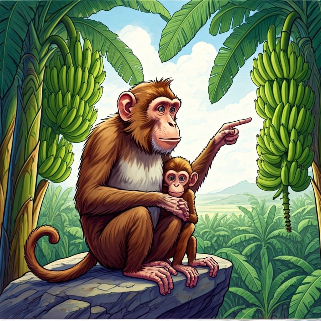 Cartoon Monkeys Overlooking Banana Plantation