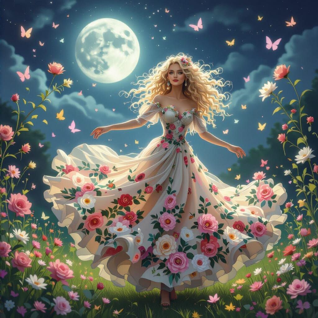 Woman in Floral Gown Dancing Under Moonlight