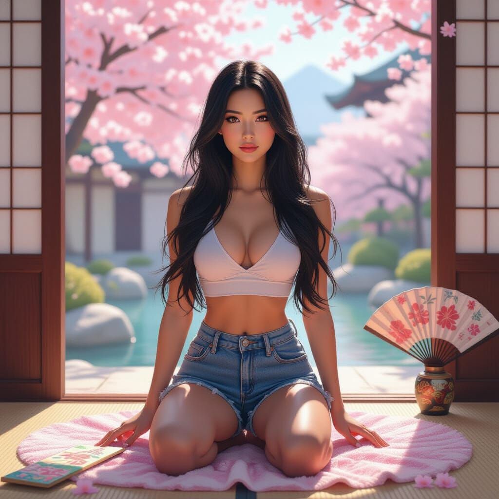 Japanese Woman in Modern Outfit with Traditional Decor