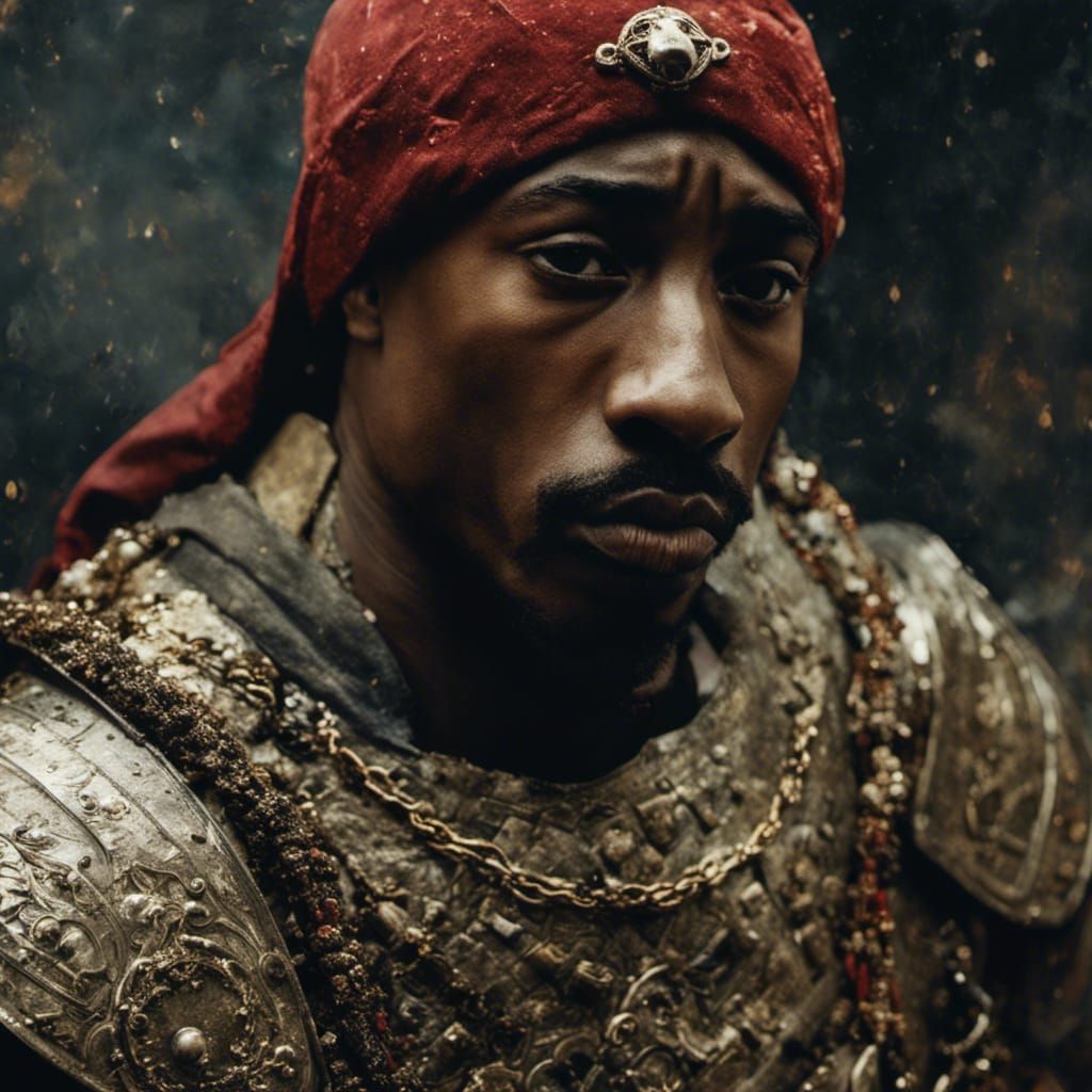 Medieval 2Pac Portrait in Hyperrealistic Mixed-Media Style