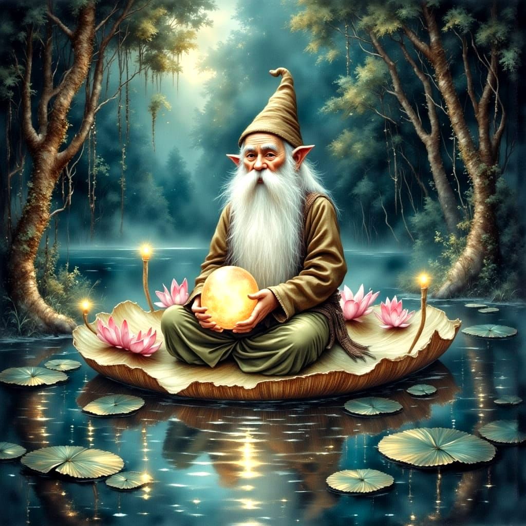 Gnome Meditates in Bioluminescent Lotus Garden